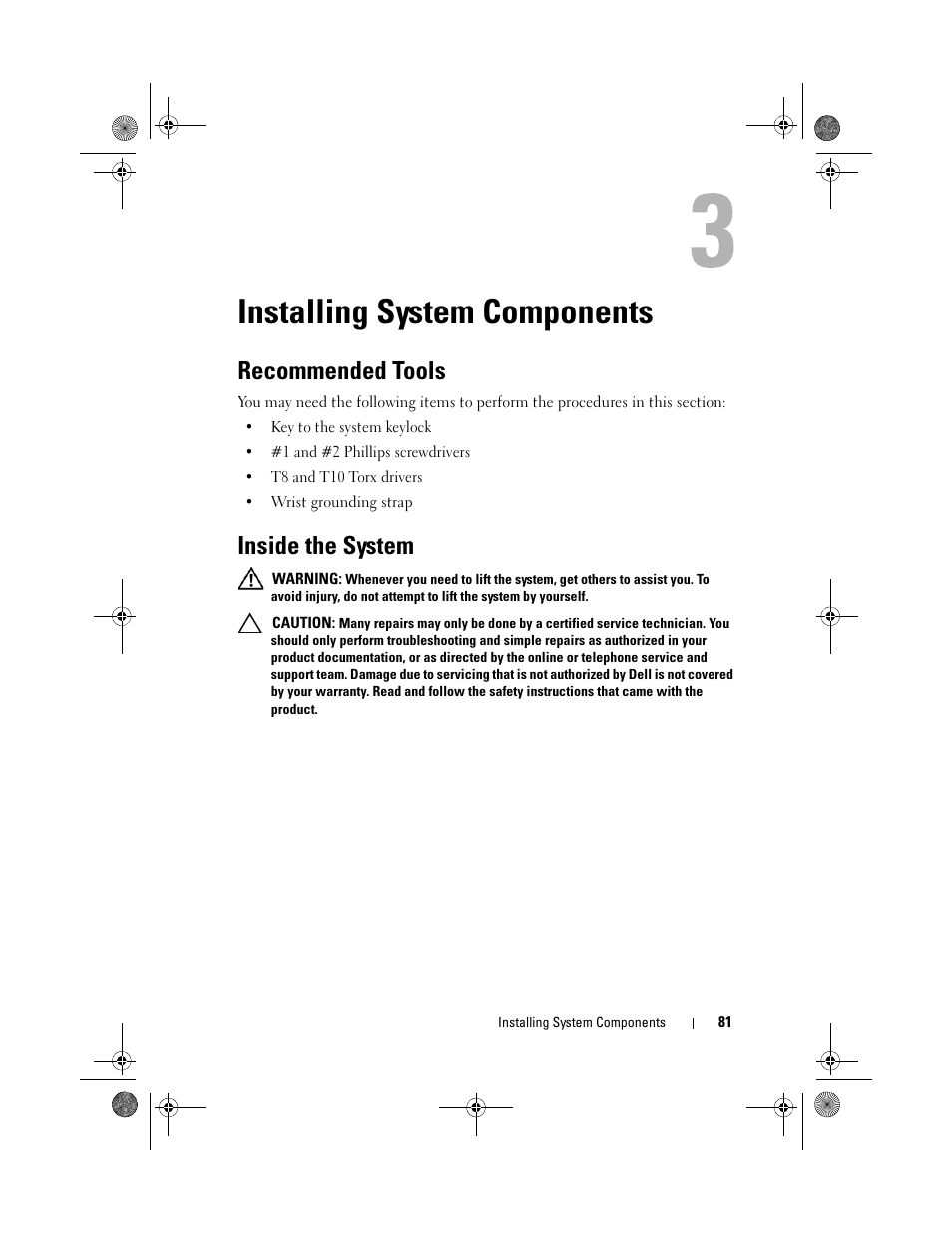 Installing system components, Recommended tools, Inside the system | Dell PowerEdge R810 User Manual | Page 81 / 202