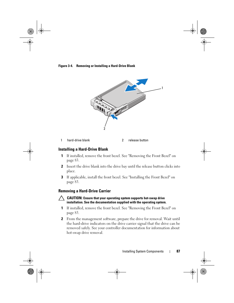 Installing a hard-drive blank, Removing a hard-drive carrier | Dell PowerEdge R810 User Manual | Page 87 / 202