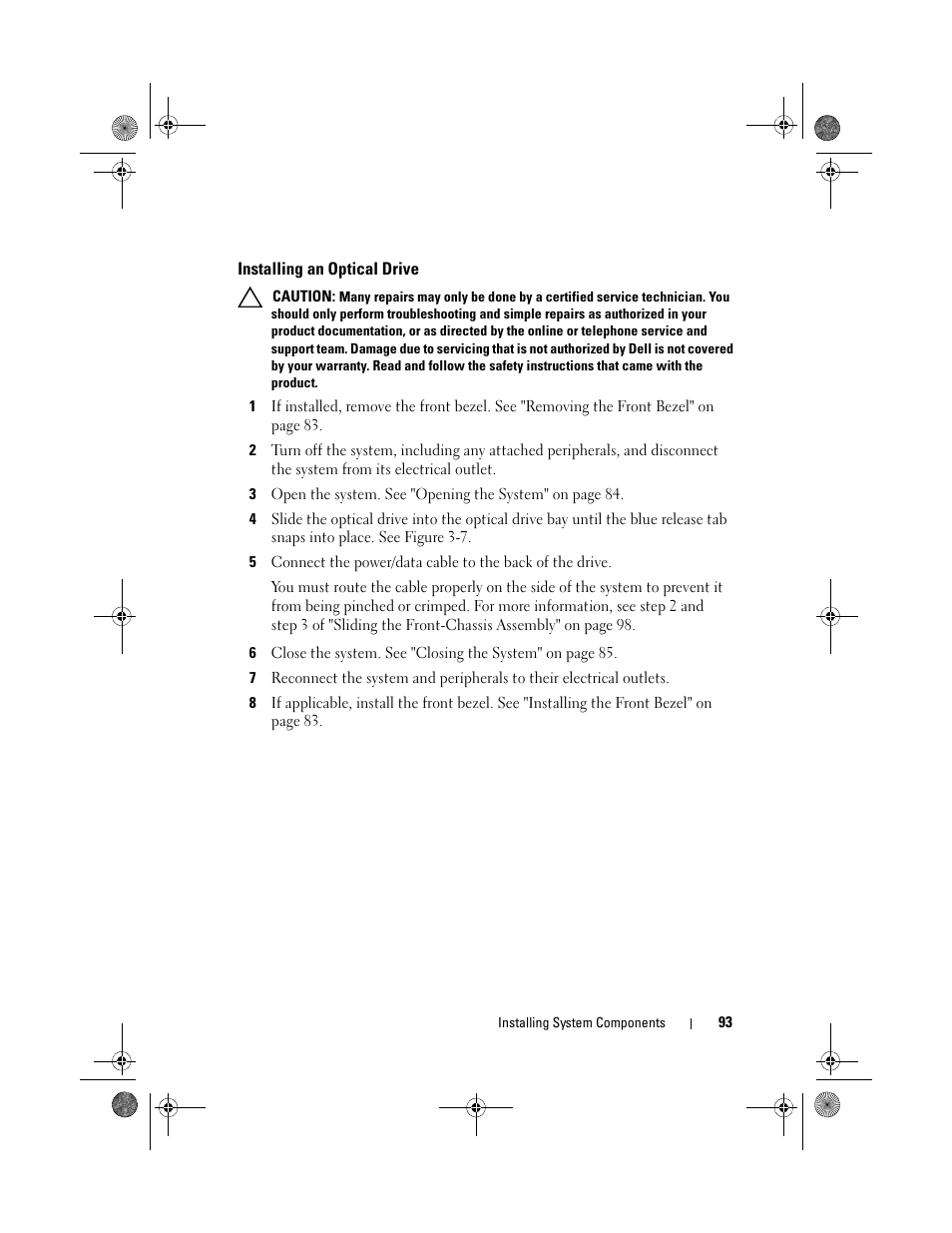 Installing an optical drive | Dell PowerEdge R810 User Manual | Page 93 / 202