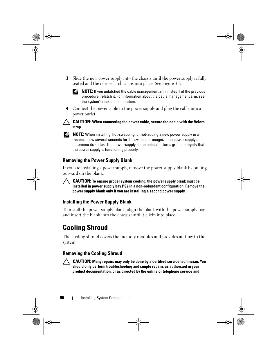 Removing the power supply blank, Installing the power supply blank, Cooling shroud | Removing the cooling shroud | Dell PowerEdge R810 User Manual | Page 96 / 202