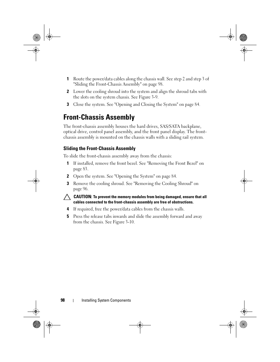 Front-chassis assembly, Sliding the front-chassis assembly | Dell PowerEdge R810 User Manual | Page 98 / 202
