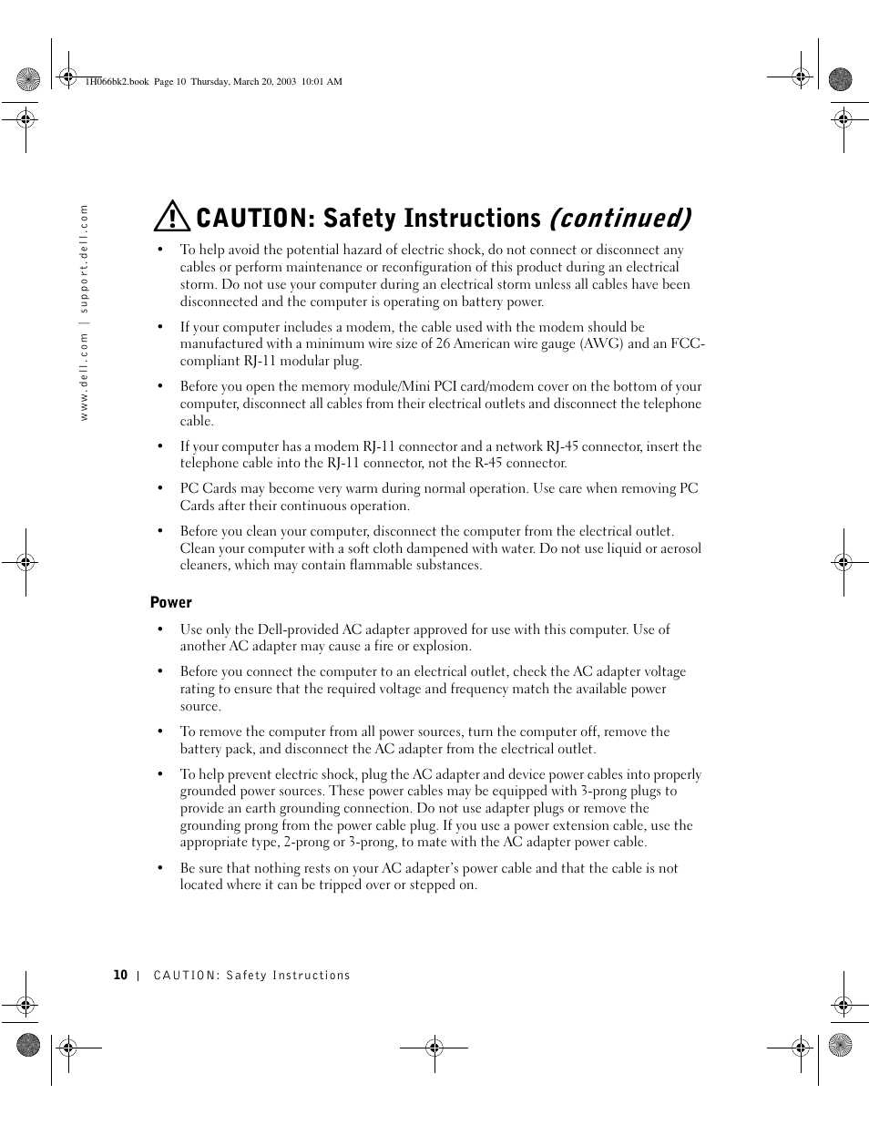 Power, Continued), Caution: safety instructions | Dell INSPIRON 2600 User Manual | Page 10 / 134