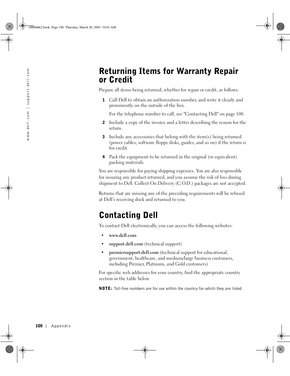 Returning items for warranty repair or credit, Contacting dell | Dell INSPIRON 2600 User Manual | Page 100 / 134