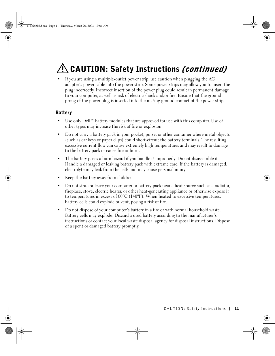 Battery, Continued), Caution: safety instructions | Dell INSPIRON 2600 User Manual | Page 11 / 134