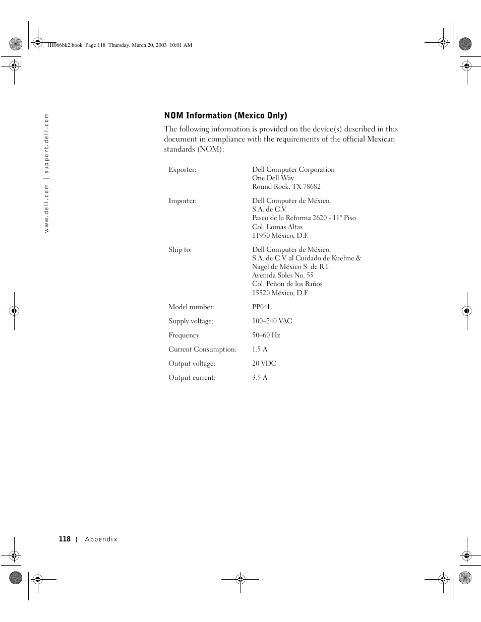 Nom information (mexico only) | Dell INSPIRON 2600 User Manual | Page 118 / 134