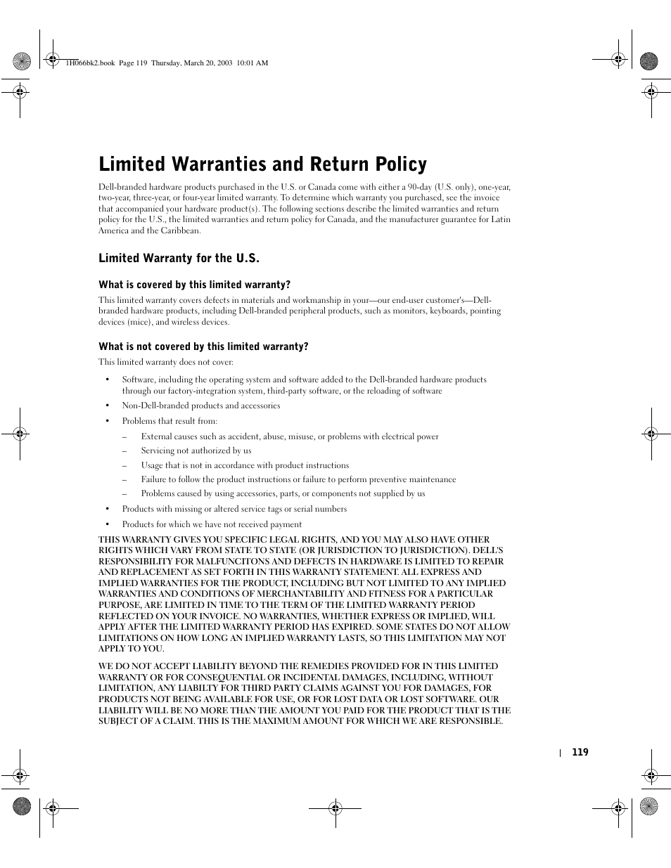 Limited warranties and return policy, Limited warranty for the u.s | Dell INSPIRON 2600 User Manual | Page 119 / 134