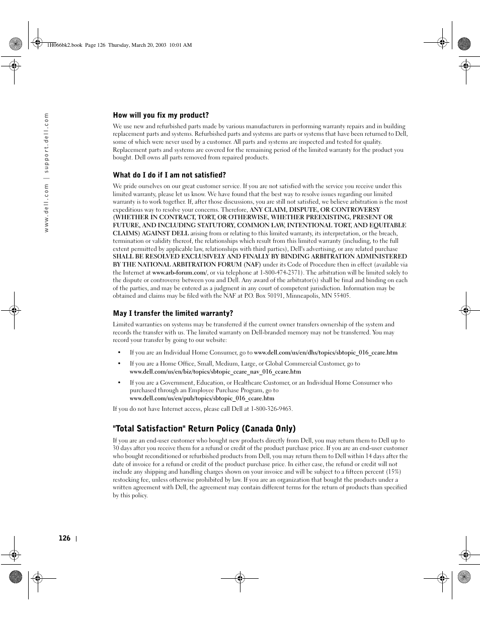 Total satisfaction" return policy (canada only) | Dell INSPIRON 2600 User Manual | Page 126 / 134