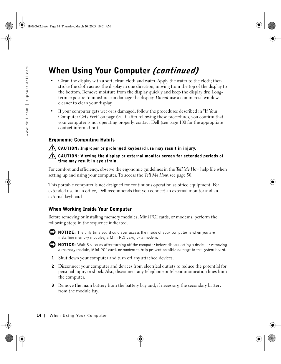 Ergonomic computing habits, When working inside your computer, Continued) | When using your computer | Dell INSPIRON 2600 User Manual | Page 14 / 134