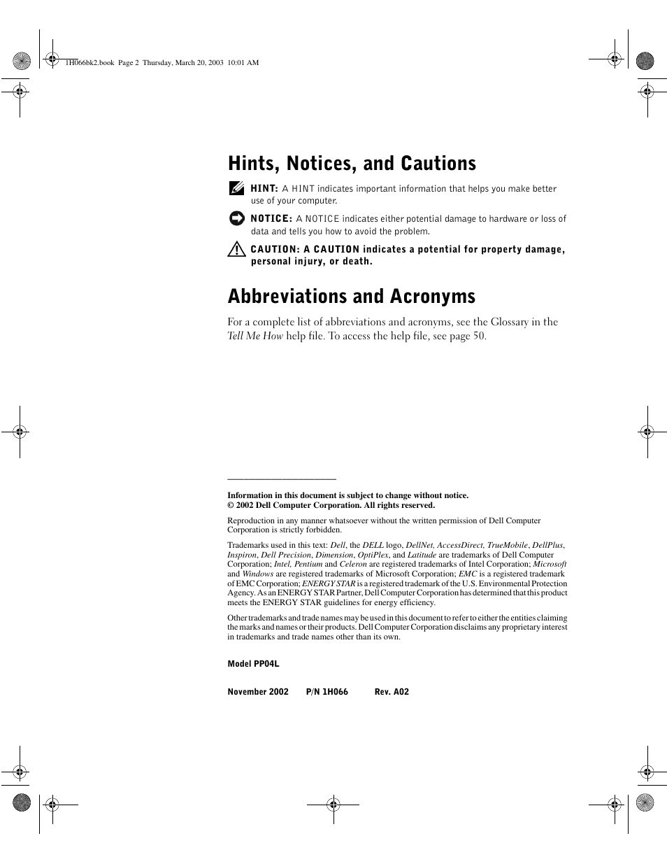 Hints, notices, and cautions, Abbreviations and acronyms | Dell INSPIRON 2600 User Manual | Page 2 / 134