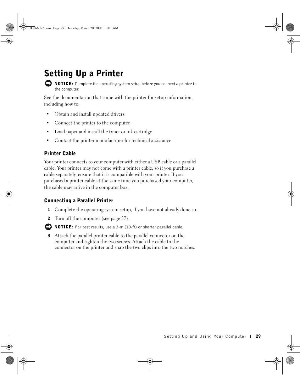 Setting up a printer, Printer cable, Connecting a parallel printer | Dell INSPIRON 2600 User Manual | Page 29 / 134