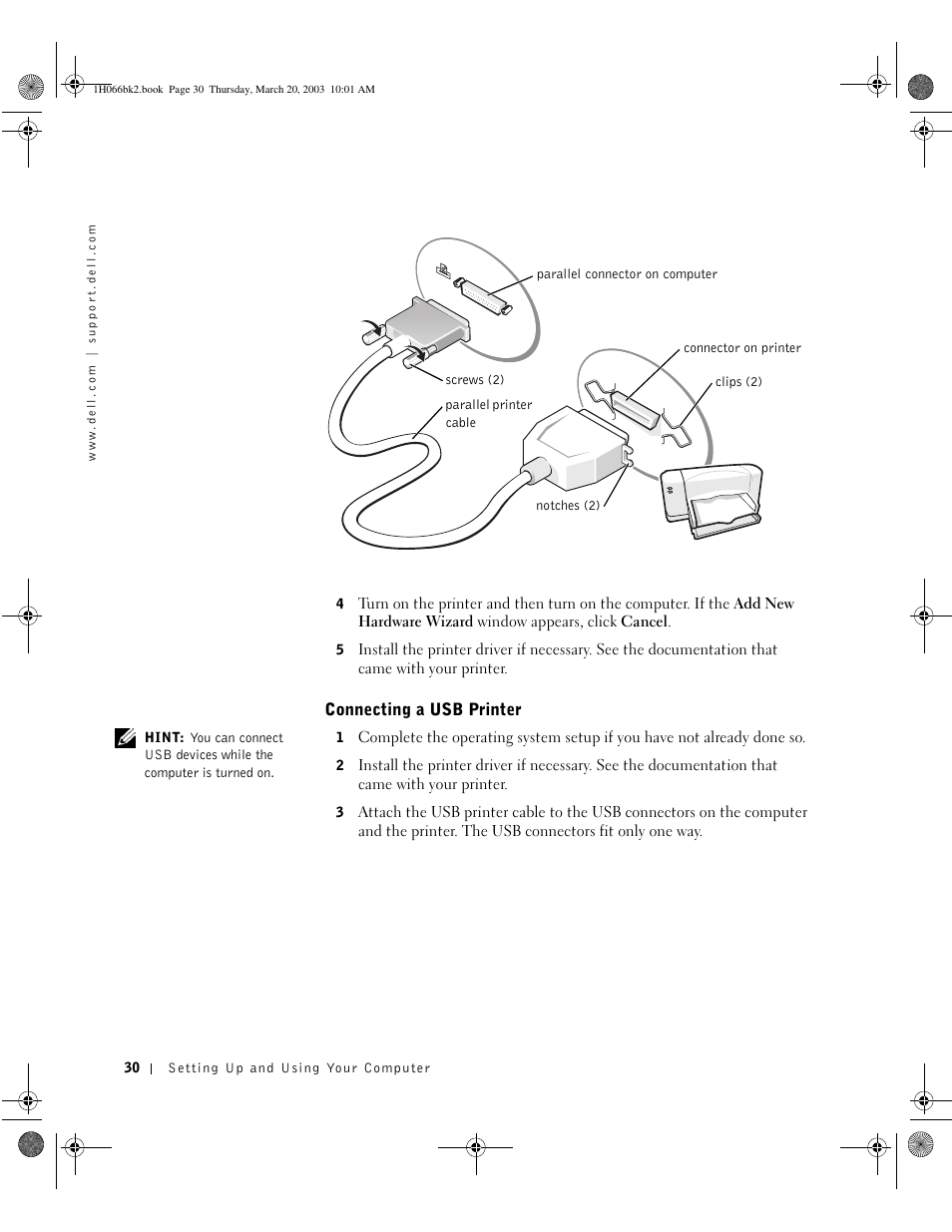 Connecting a usb printer | Dell INSPIRON 2600 User Manual | Page 30 / 134