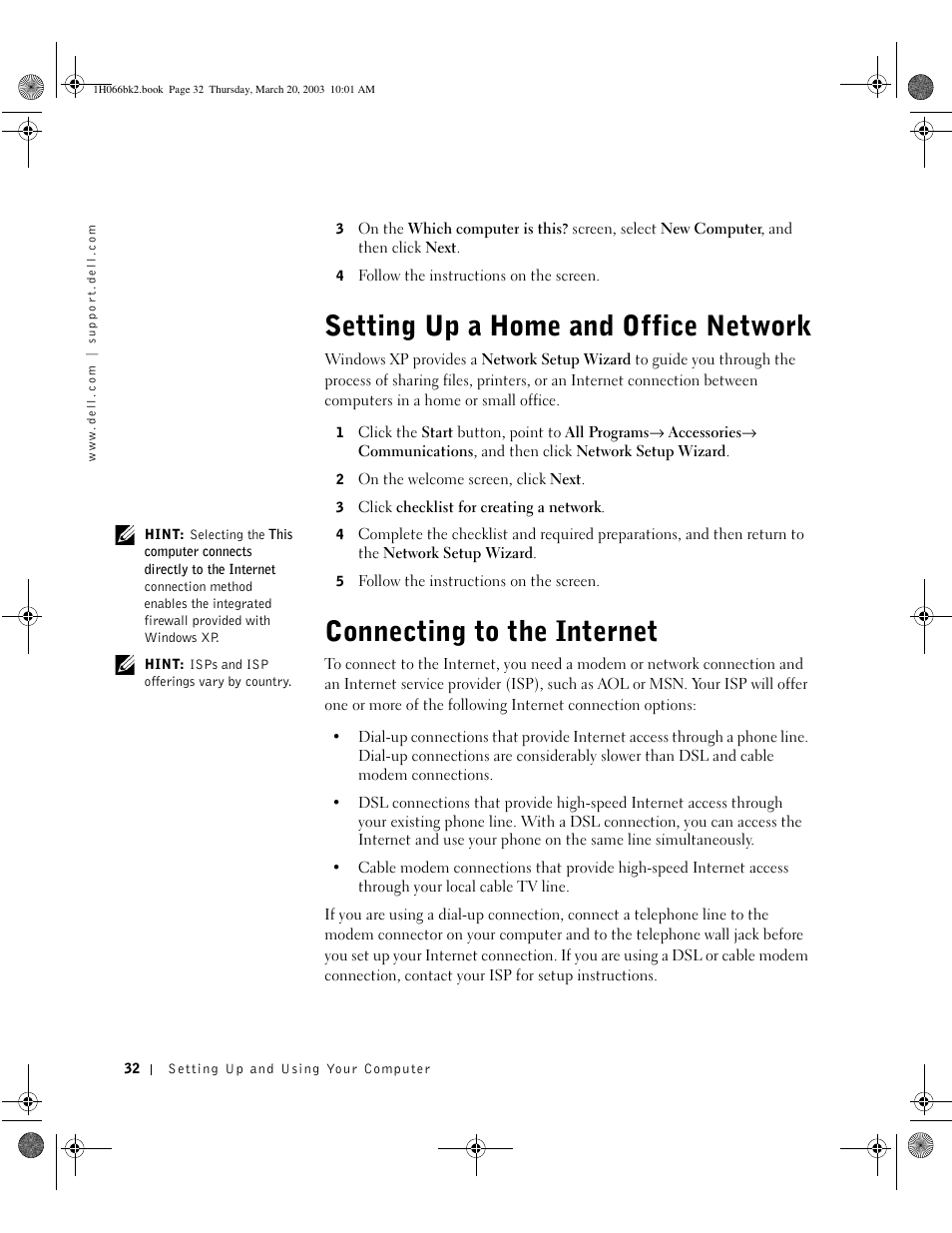 Setting up a home and office network, Connecting to the internet | Dell INSPIRON 2600 User Manual | Page 32 / 134