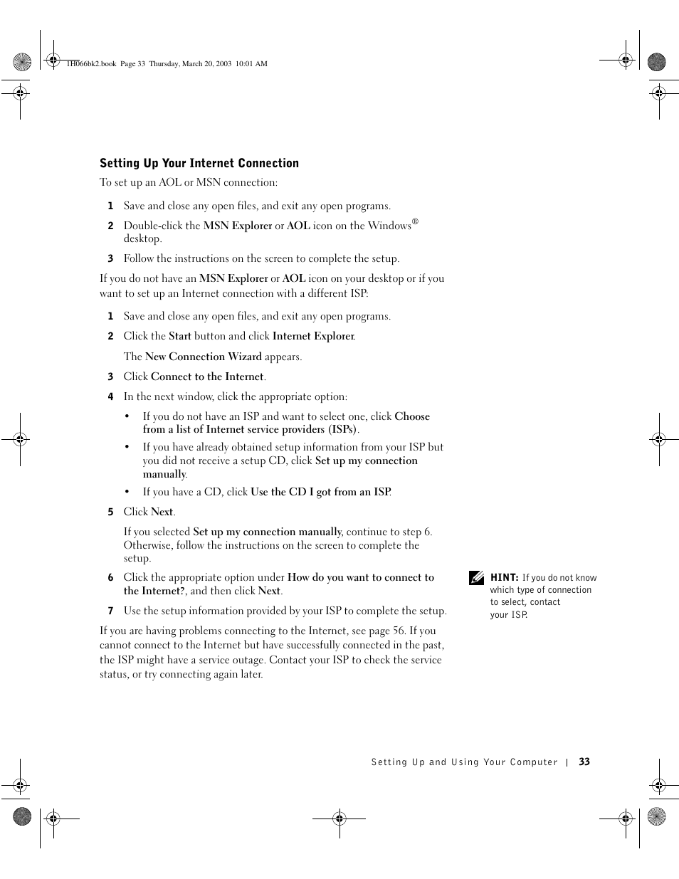 Setting up your internet connection | Dell INSPIRON 2600 User Manual | Page 33 / 134