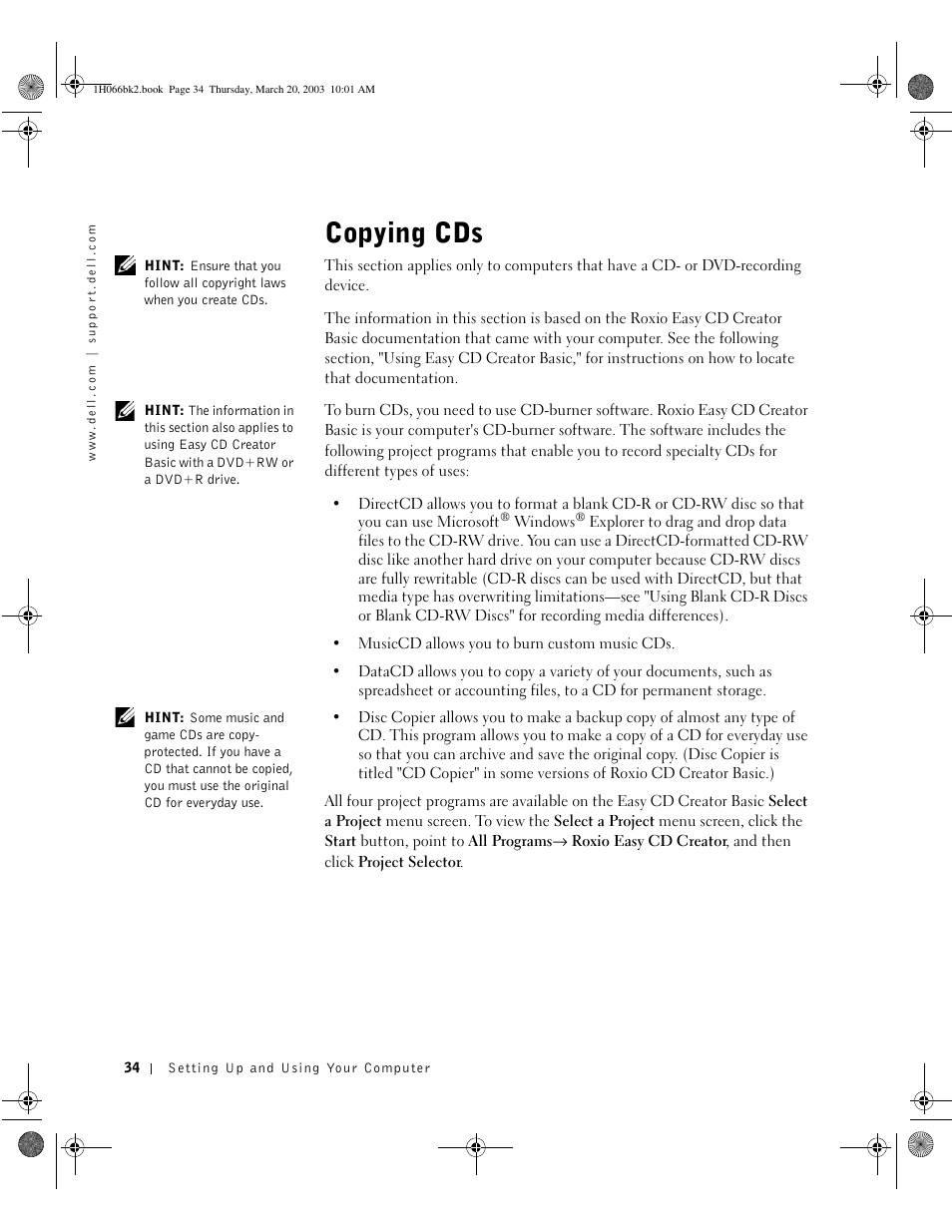 Copying cds | Dell INSPIRON 2600 User Manual | Page 34 / 134