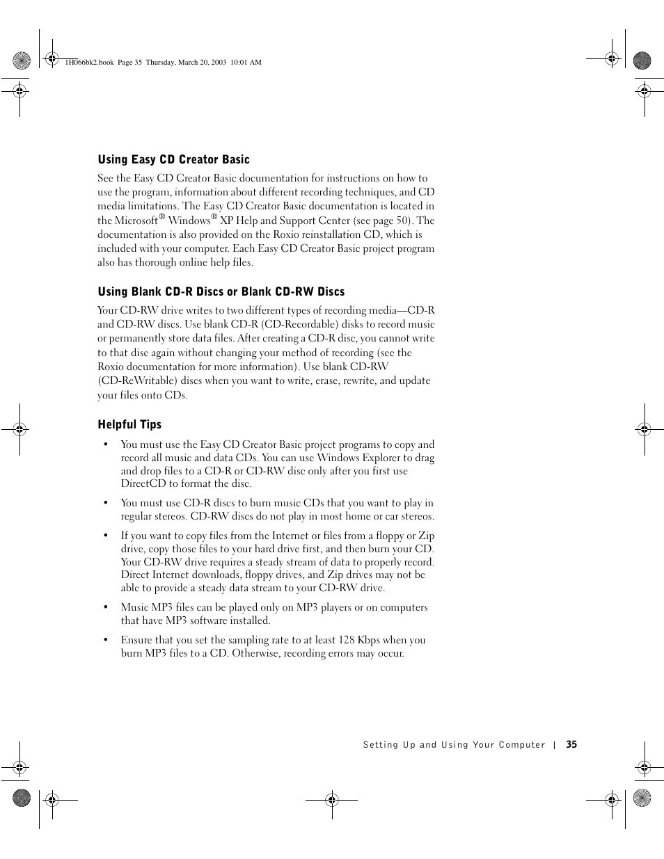 Using easy cd creator basic, Using blank cd-r discs or blank cd-rw discs, Helpful tips | Dell INSPIRON 2600 User Manual | Page 35 / 134