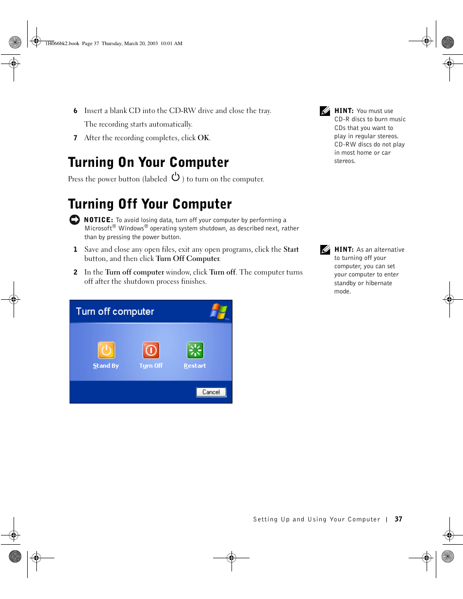 Turning on your computer, Turning off your computer, Turning on your computer turning off your computer | Dell INSPIRON 2600 User Manual | Page 37 / 134