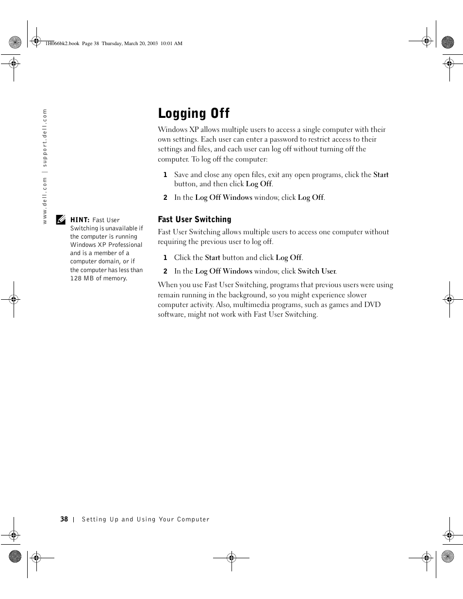 Logging off, Fast user switching | Dell INSPIRON 2600 User Manual | Page 38 / 134