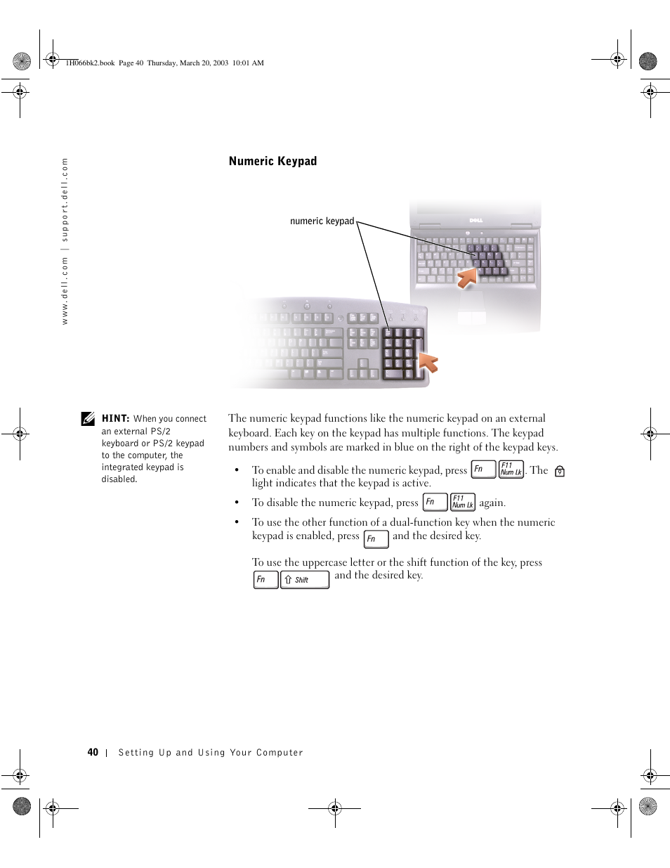 Numeric keypad | Dell INSPIRON 2600 User Manual | Page 40 / 134