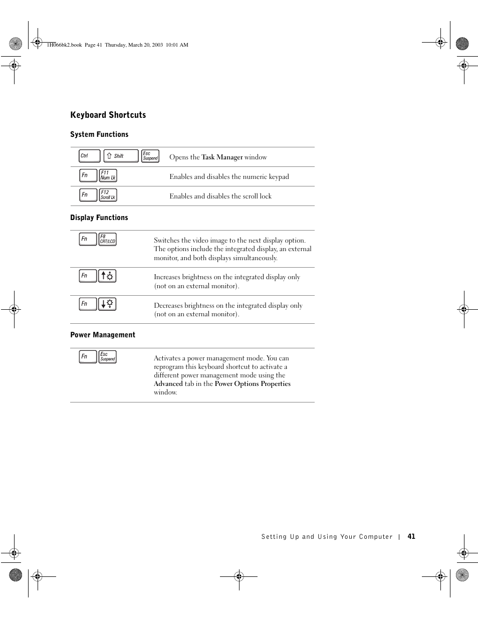 Keyboard shortcuts | Dell INSPIRON 2600 User Manual | Page 41 / 134