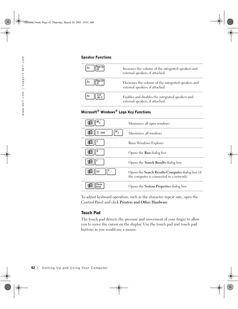 Touch pad | Dell INSPIRON 2600 User Manual | Page 42 / 134