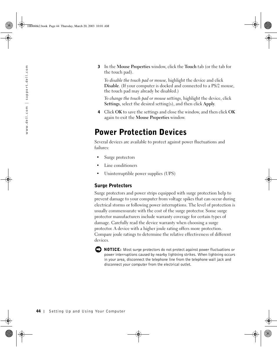 Power protection devices, Surge protectors | Dell INSPIRON 2600 User Manual | Page 44 / 134