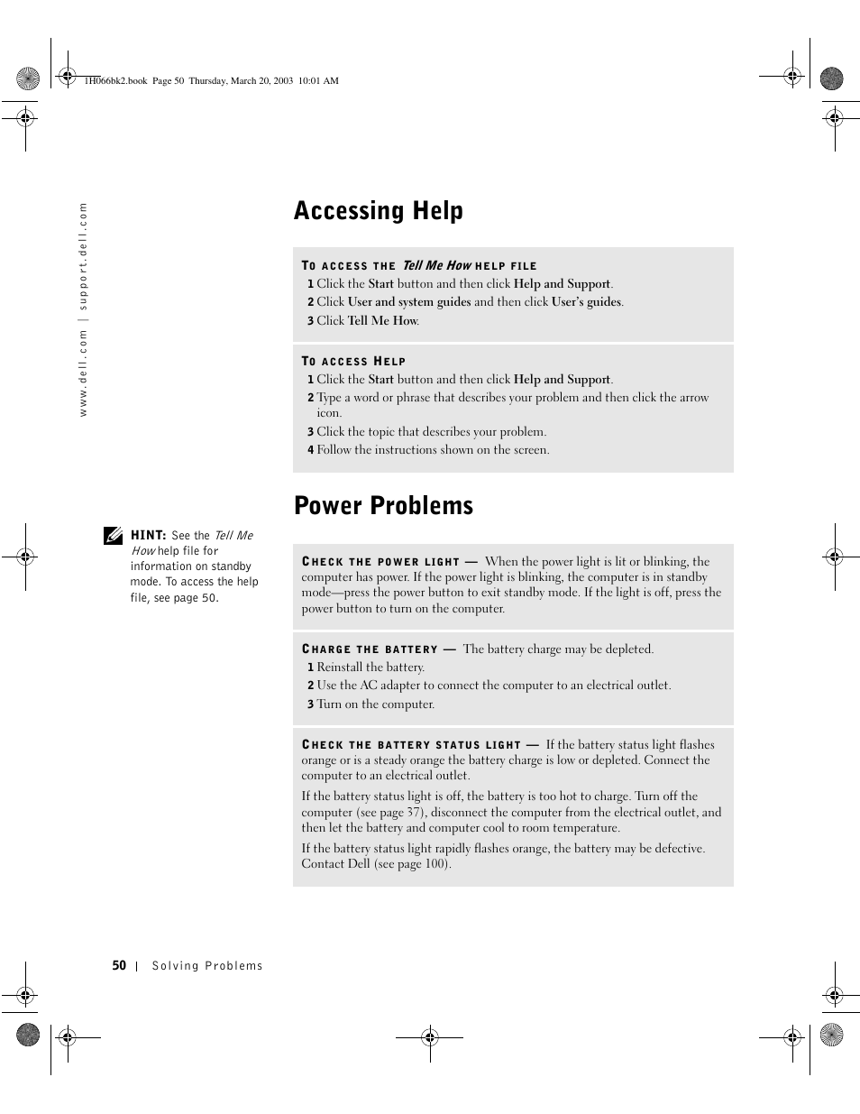 Accessing help, Power problems, Accessing help power problems | Dell INSPIRON 2600 User Manual | Page 50 / 134