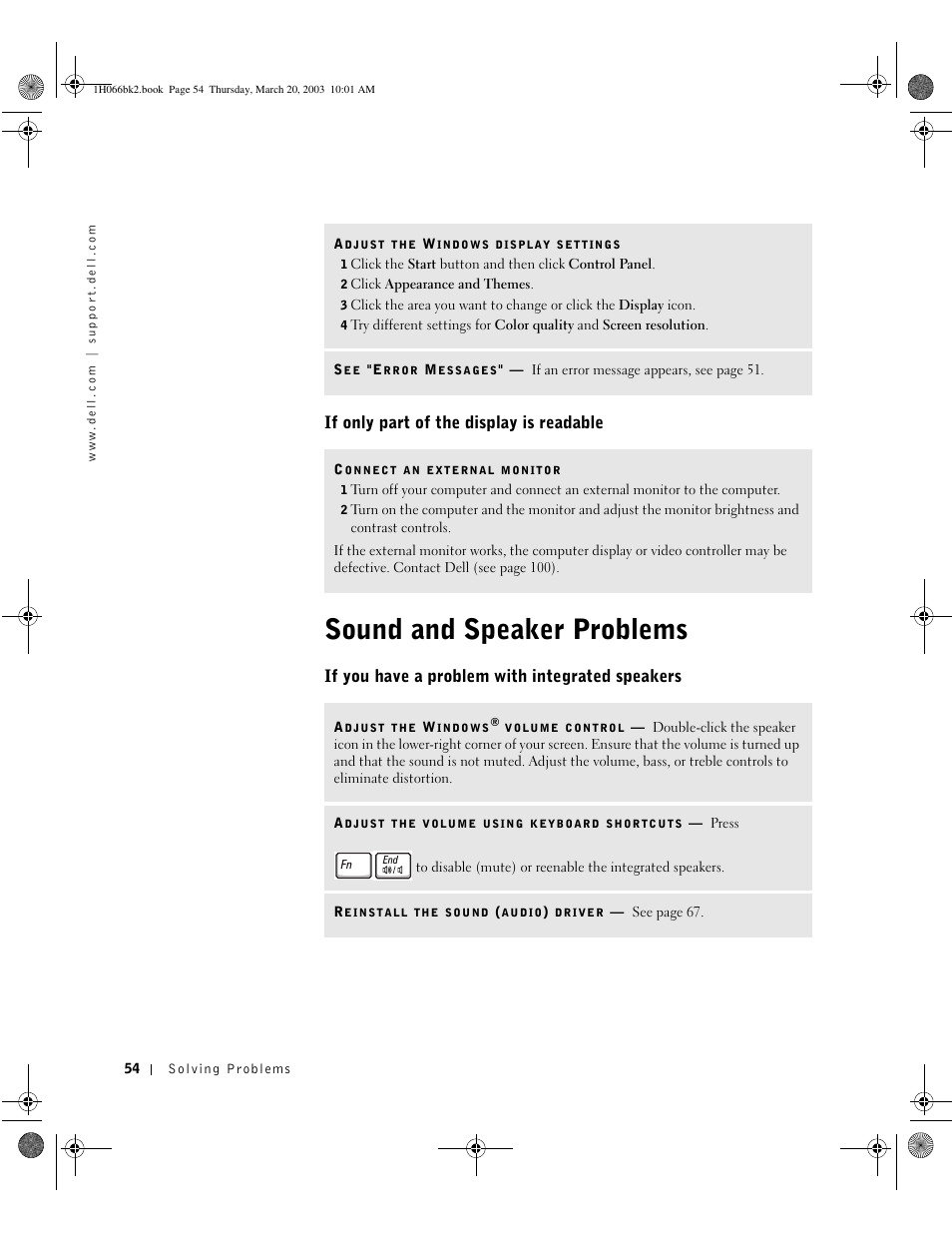 If only part of the display is readable, Sound and speaker problems, If you have a problem with integrated speakers | Dell INSPIRON 2600 User Manual | Page 54 / 134