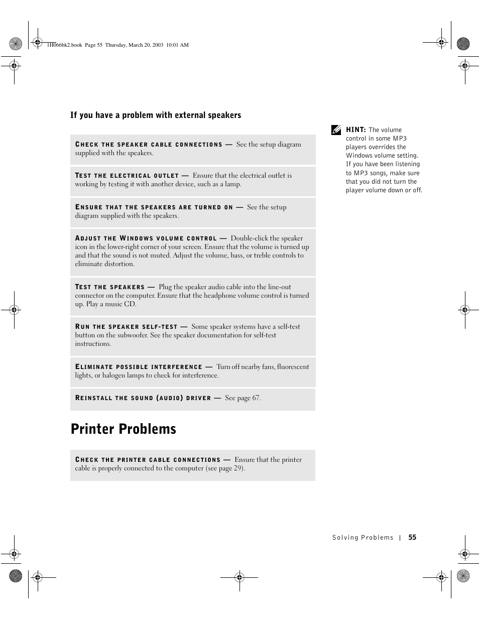 If you have a problem with external speakers, Printer problems | Dell INSPIRON 2600 User Manual | Page 55 / 134