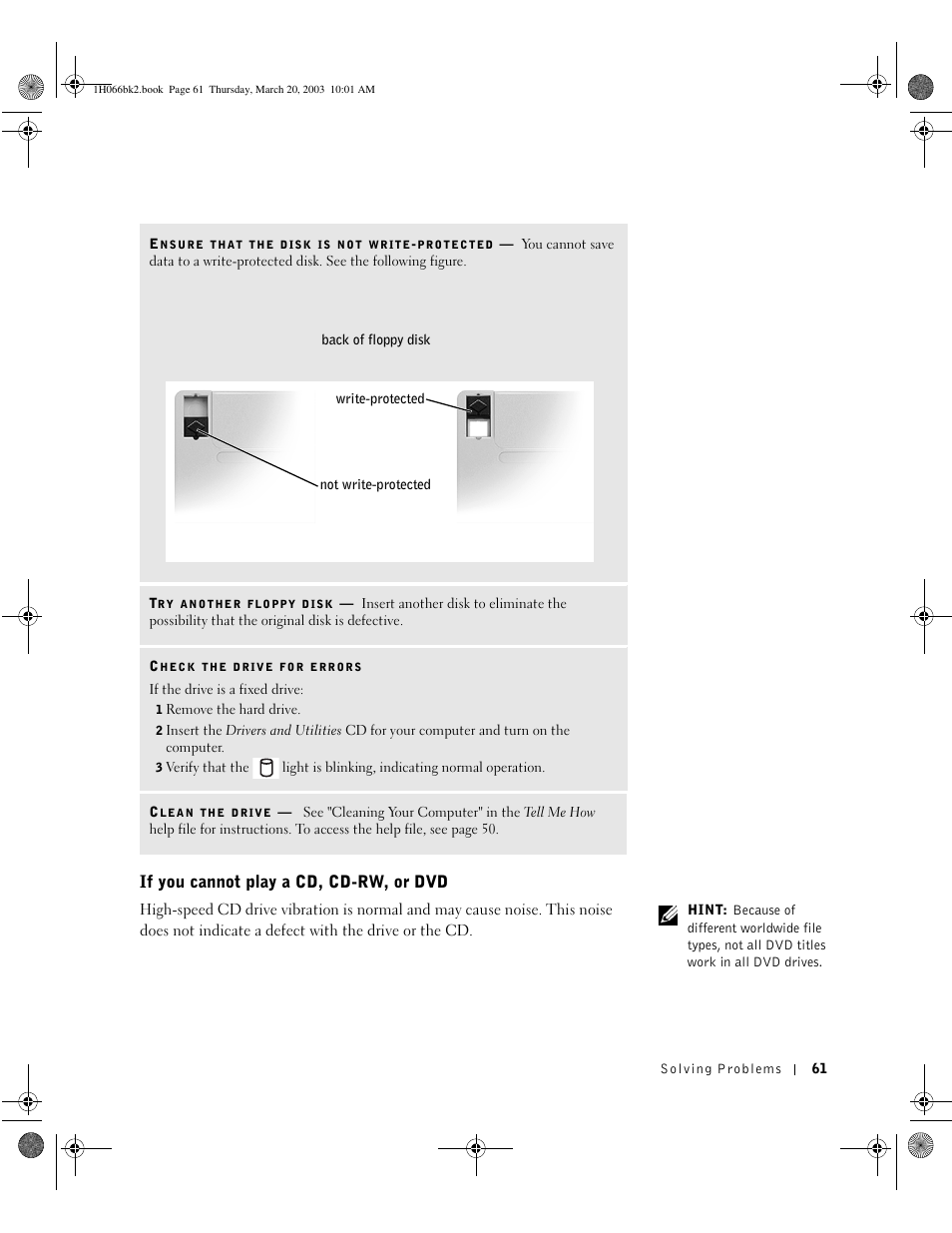 If you cannot play a cd, cd-rw, or dvd | Dell INSPIRON 2600 User Manual | Page 61 / 134