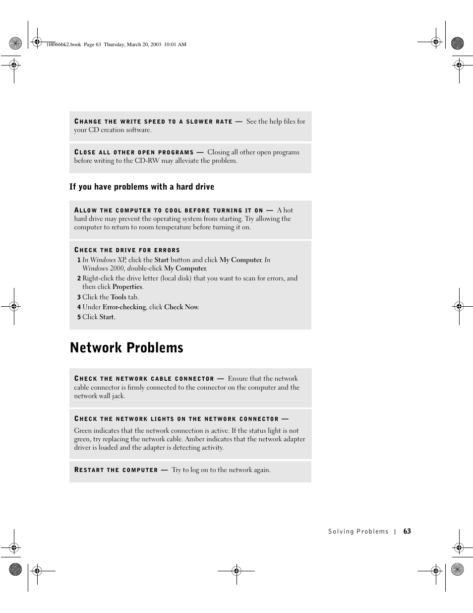 If you have problems with a hard drive, Network problems | Dell INSPIRON 2600 User Manual | Page 63 / 134