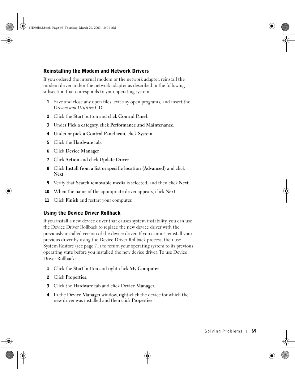 Reinstalling the modem and network drivers, Using the device driver rollback | Dell INSPIRON 2600 User Manual | Page 69 / 134