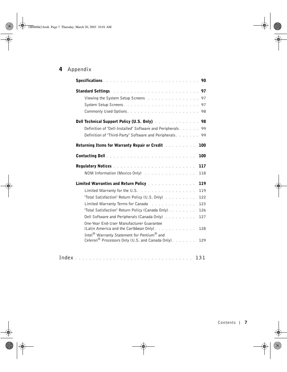 4 appendix, Index | Dell INSPIRON 2600 User Manual | Page 7 / 134