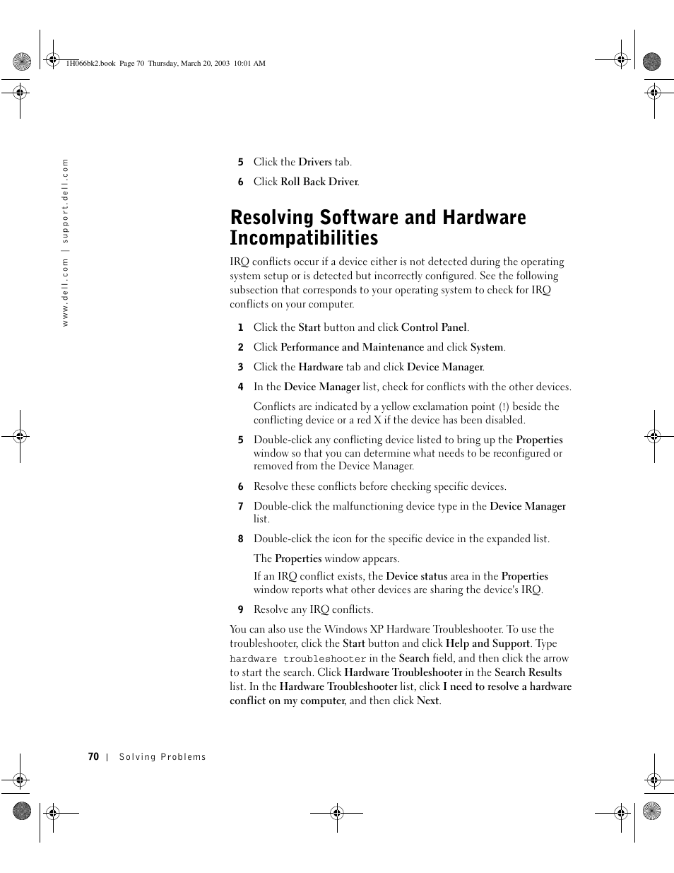 Resolving software and hardware incompatibilities | Dell INSPIRON 2600 User Manual | Page 70 / 134