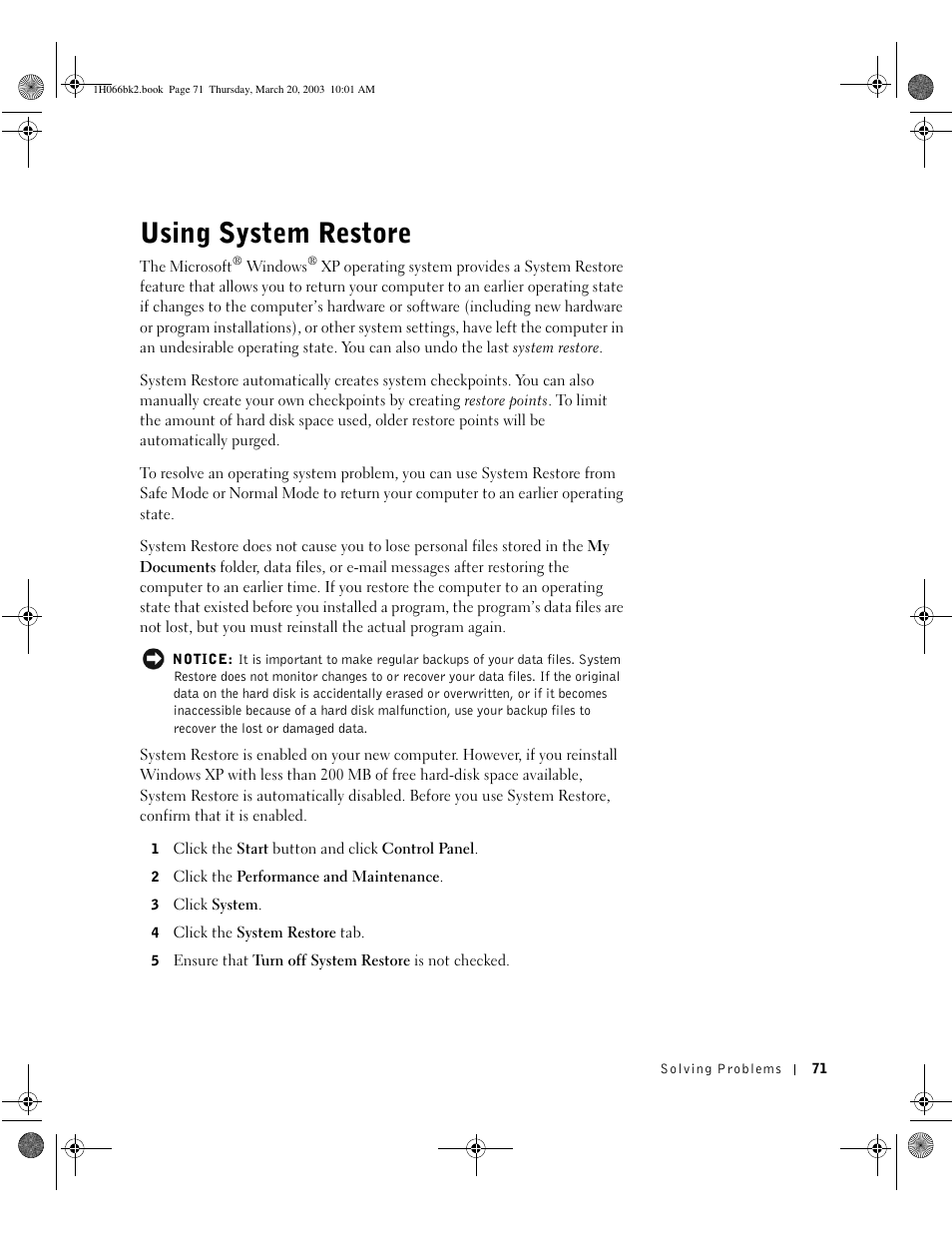 Using system restore | Dell INSPIRON 2600 User Manual | Page 71 / 134