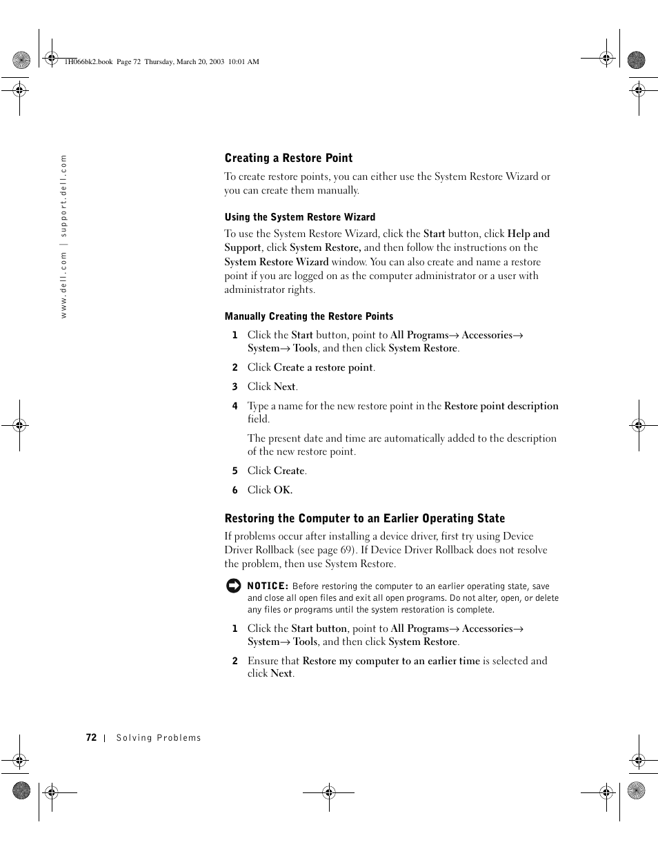 Creating a restore point | Dell INSPIRON 2600 User Manual | Page 72 / 134
