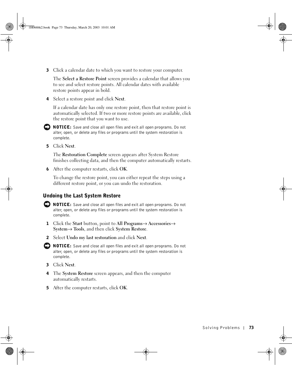 Undoing the last system restore | Dell INSPIRON 2600 User Manual | Page 73 / 134