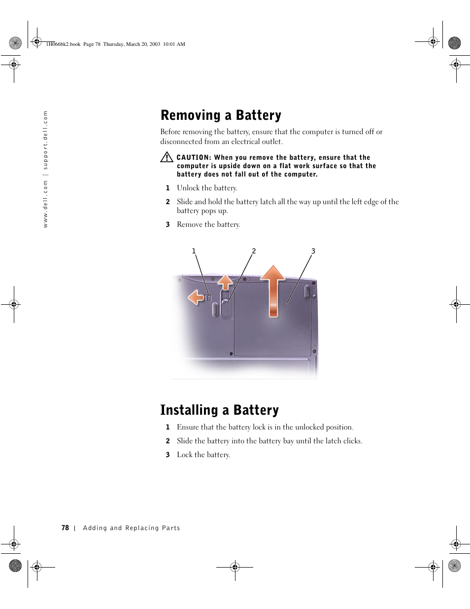 Removing a battery, Installing a battery, Removing a battery installing a battery | Dell INSPIRON 2600 User Manual | Page 78 / 134