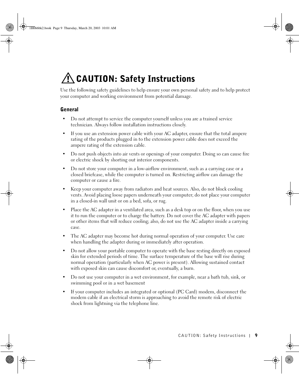Caution: safety instructions, General | Dell INSPIRON 2600 User Manual | Page 9 / 134