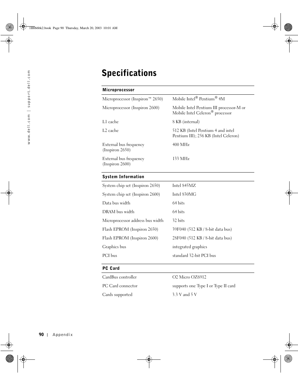 Specifications | Dell INSPIRON 2600 User Manual | Page 90 / 134