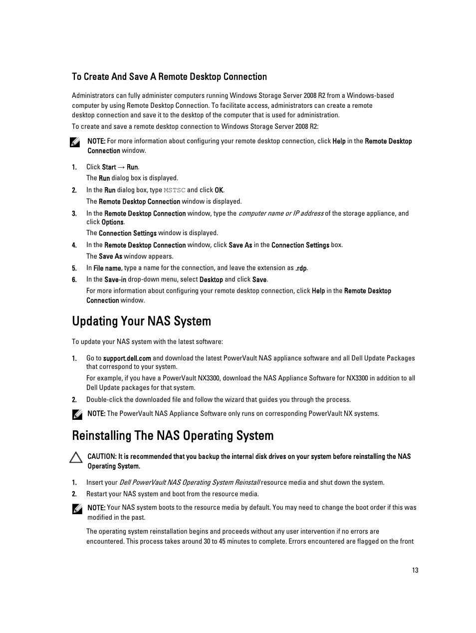 To create and save a remote desktop connection, Updating your nas system, Reinstalling the nas operating system | Dell PowerVault NX3100 User Manual | Page 13 / 29