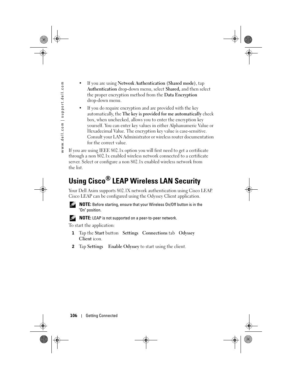 Using cisco® leap wireless lan security, Using cisco, Leap wireless lan security | Dell AXIM X30 User Manual | Page 106 / 168