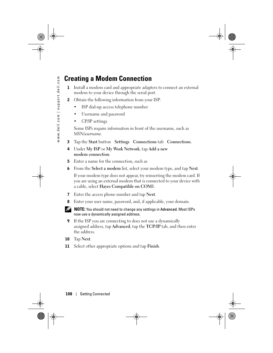 Creating a modem connection | Dell AXIM X30 User Manual | Page 108 / 168