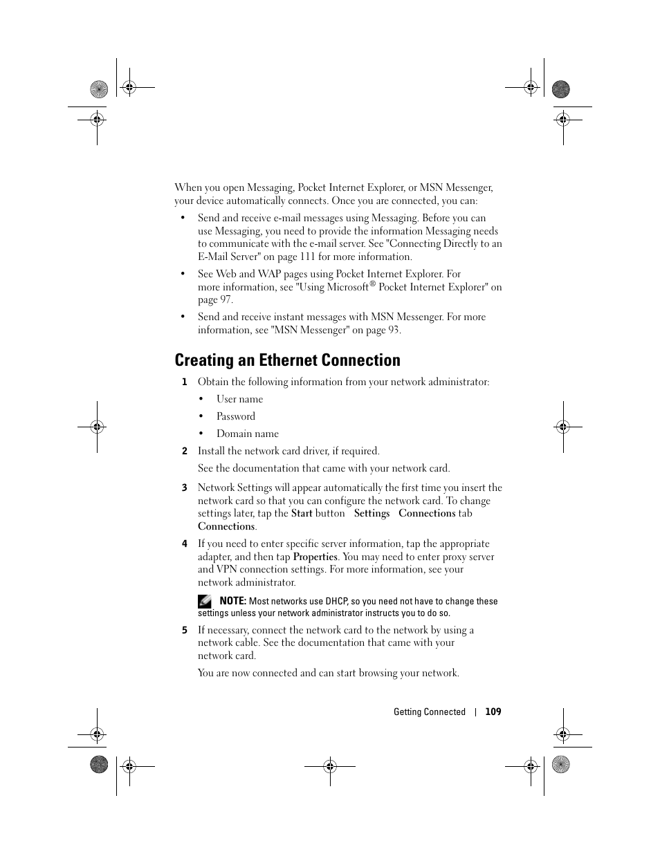 Creating an ethernet connection | Dell AXIM X30 User Manual | Page 109 / 168