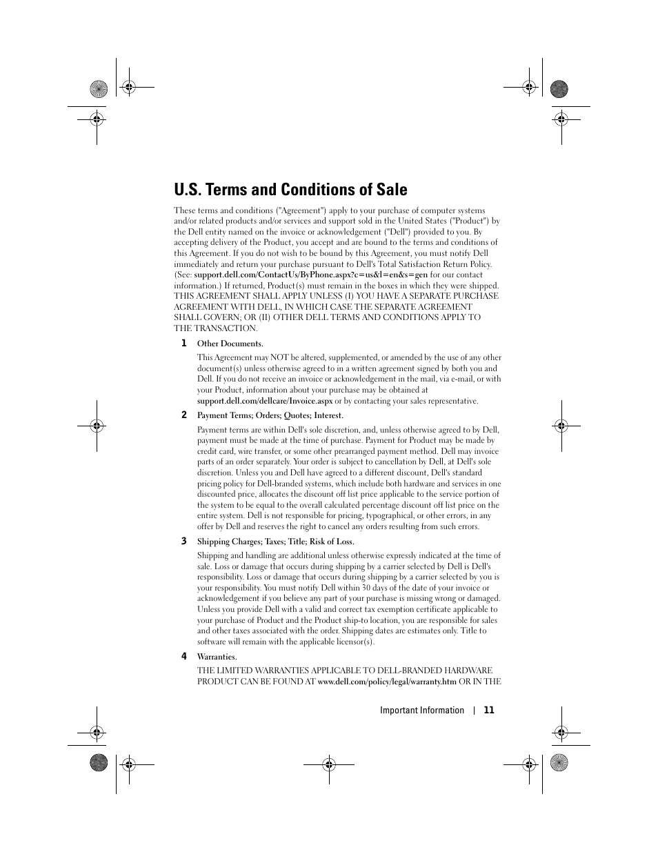 U.s. terms and conditions of sale | Dell AXIM X30 User Manual | Page 11 / 168