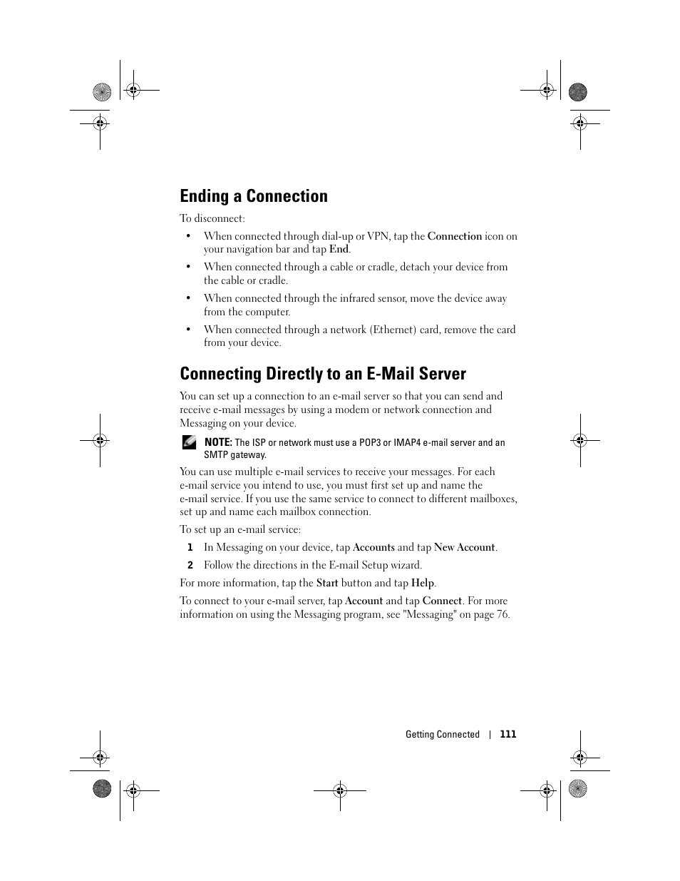 Ending a connection, Connecting directly to an e-mail server | Dell AXIM X30 User Manual | Page 111 / 168