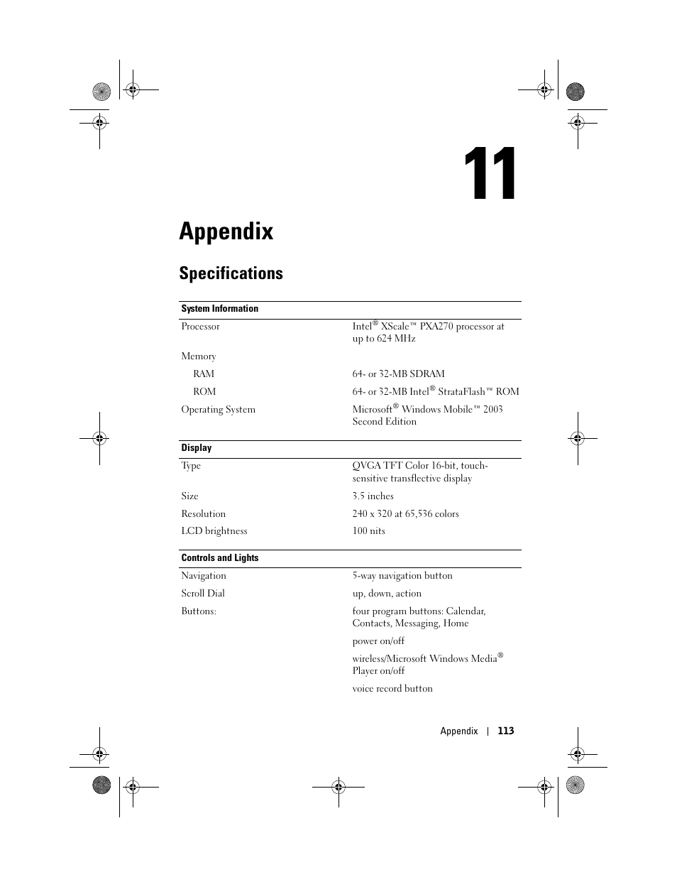 Appendix, Specifications, 11 appendix | Dell AXIM X30 User Manual | Page 113 / 168