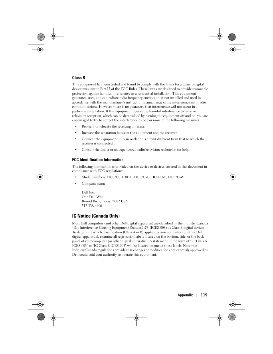 Ic notice (canada only) | Dell AXIM X30 User Manual | Page 119 / 168