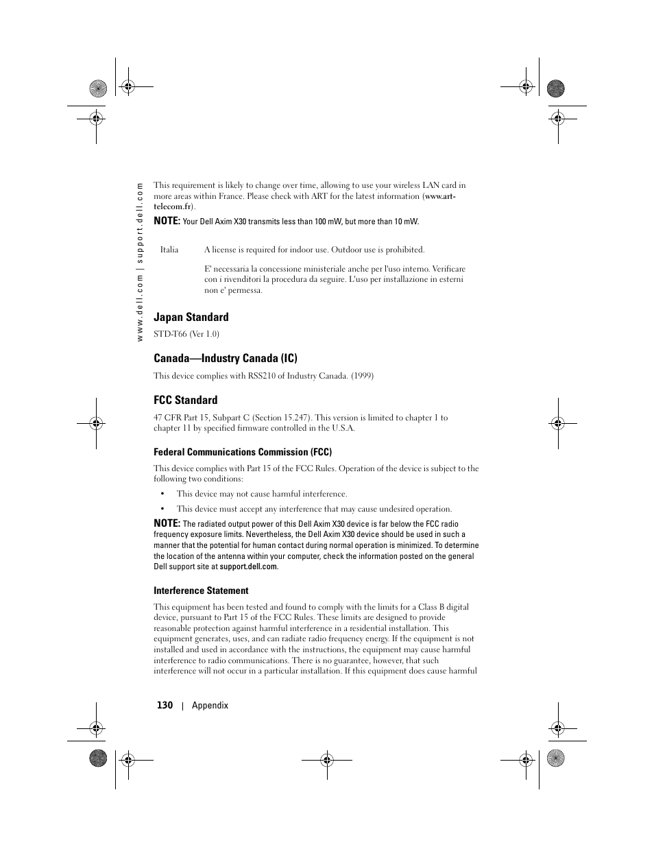 Japan standard, Canada-industry canada (ic), Fcc standard | Canada—industry canada (ic) | Dell AXIM X30 User Manual | Page 130 / 168