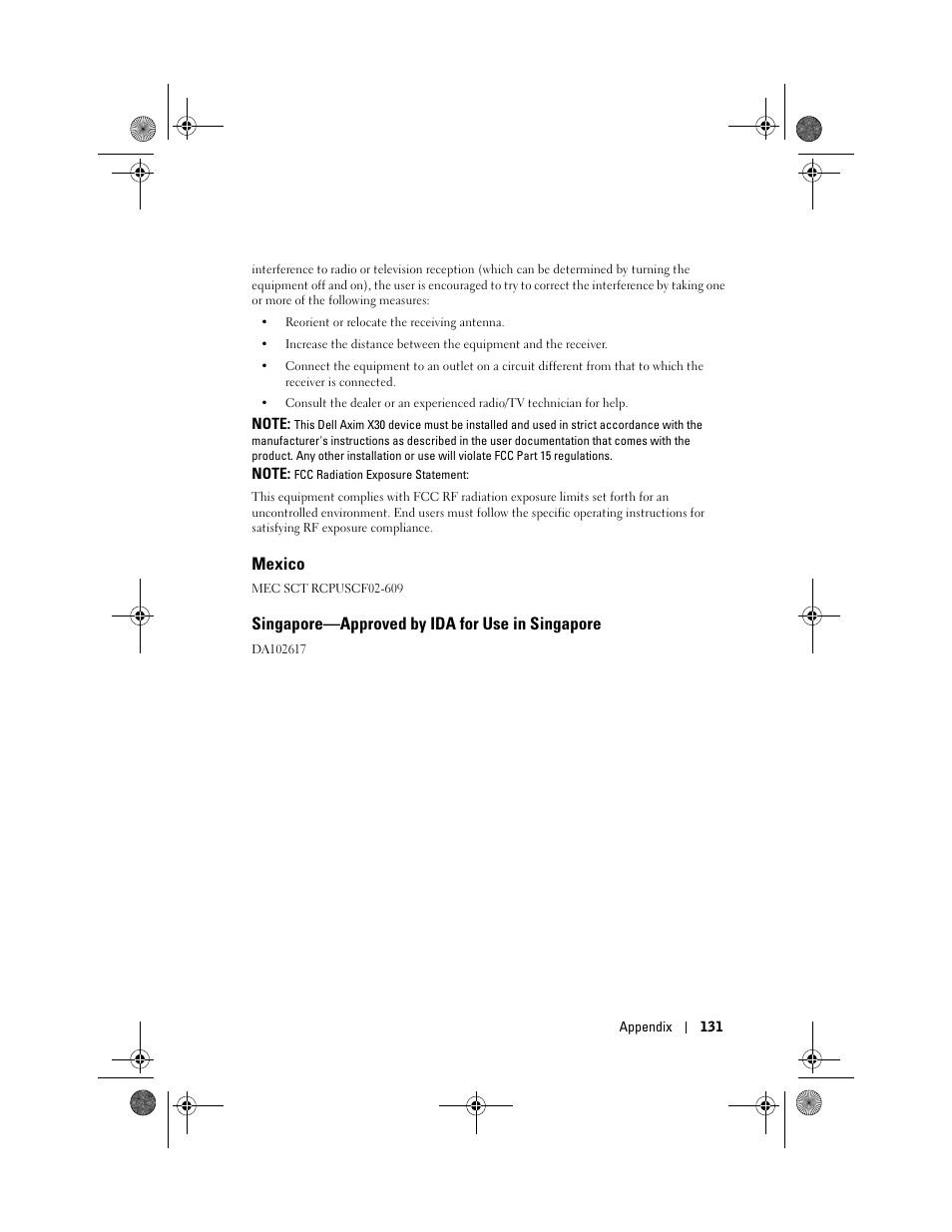 Mexico, Singapore-approved by ida for use in singapore, Singapore—approved by ida for use in singapore | Dell AXIM X30 User Manual | Page 131 / 168