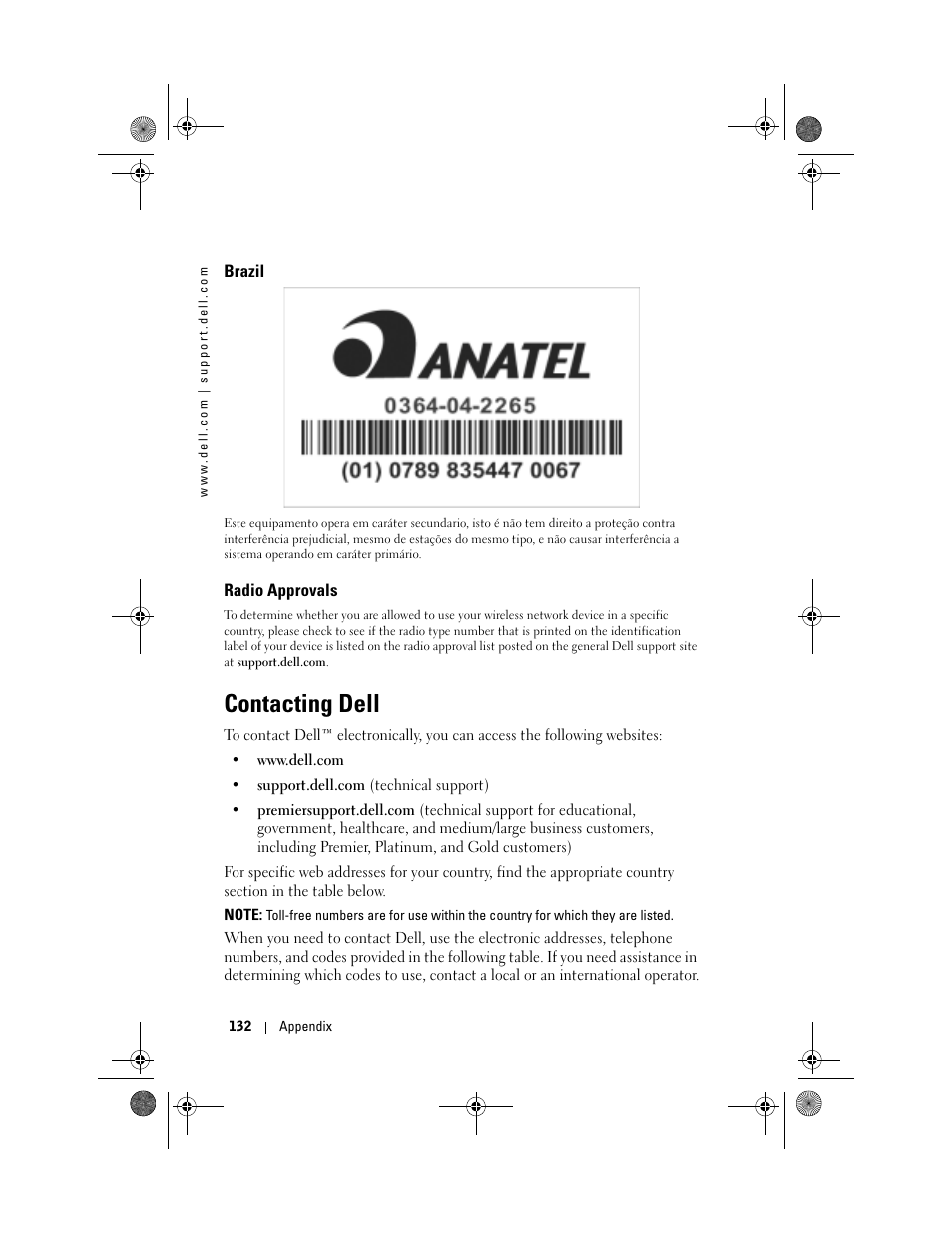 Brazil, Radio approvals, Contacting dell | Dell AXIM X30 User Manual | Page 132 / 168